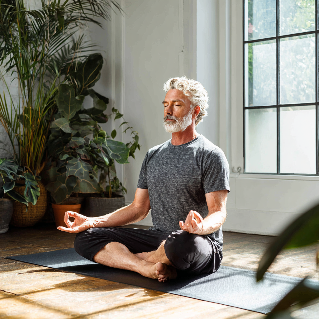 Чоловік віком 58 років в медитативній позі лотоса сидить на килимку для йоги в світлій кімнаті з рослинами