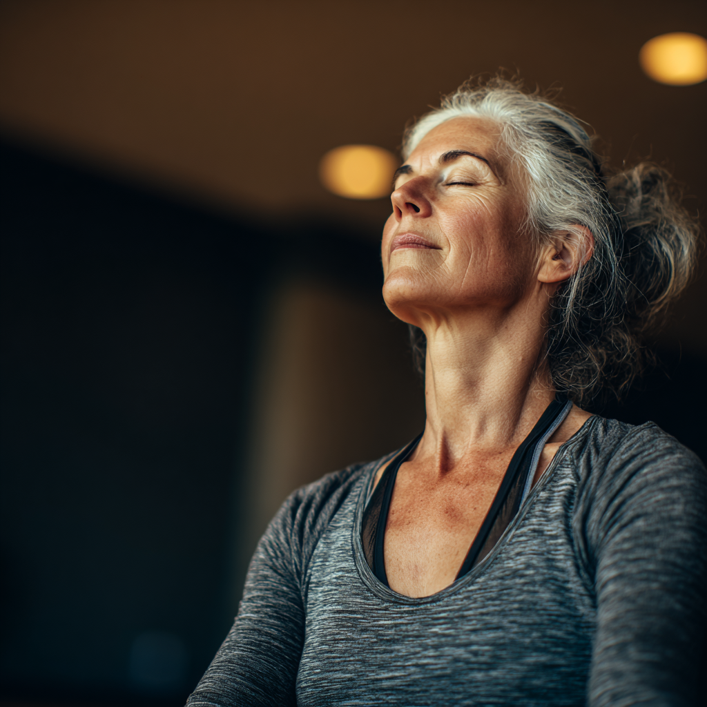 Жінка віком 60 років сидить в медитативній позі з закритими очима, практикуючи дихальні вправи в тихій студії йоги