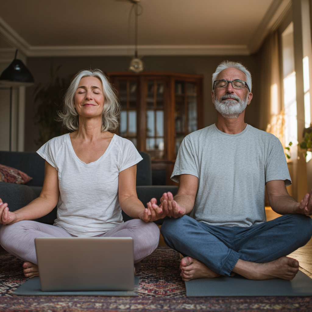 Пара віком 52-55 років виконує йогу вдома перед ноутбуком під час онлайн заняття в затишній вітальні